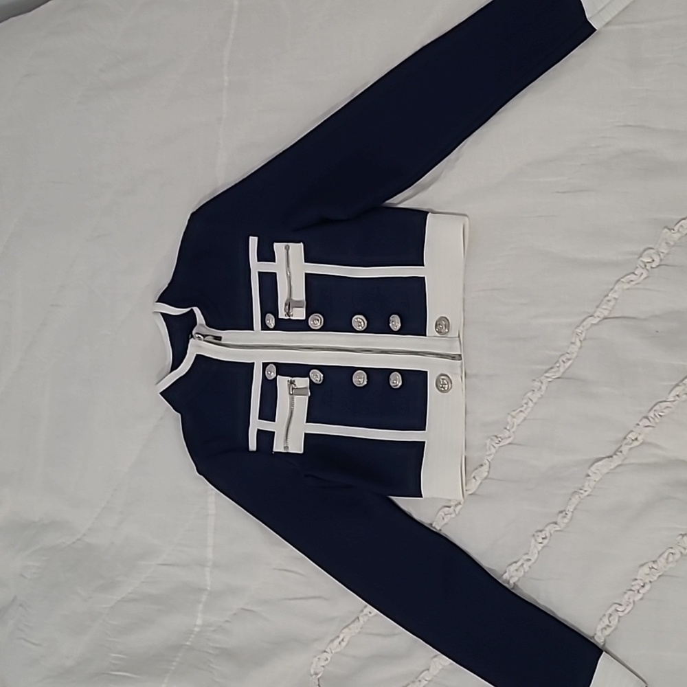 Women's Karen Millen Navy Blue and White Bandage Military Cropped Jacket Size XS